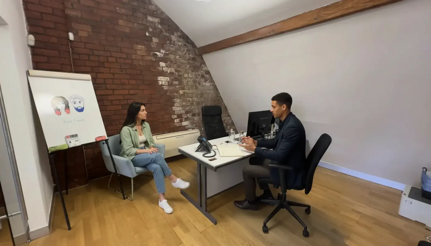 Business professional using VoIP headset in modern office