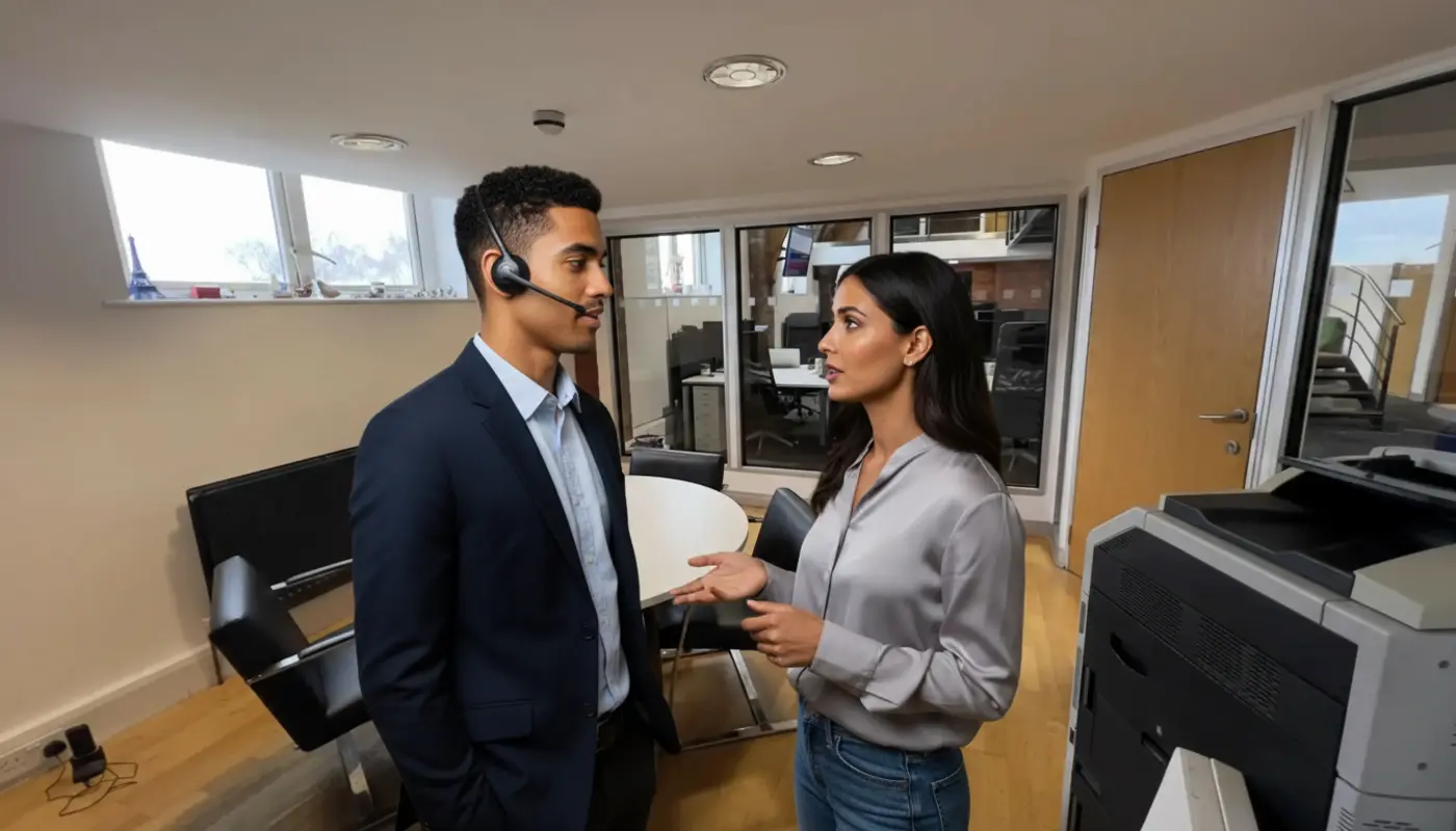 Zak and Sara discussing VoIP in a modern UK office with Zak wearing a headset.
