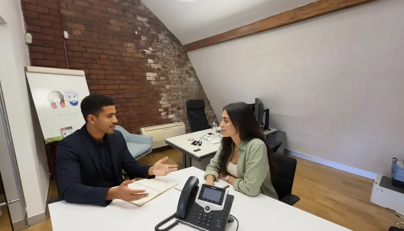 Business owner using VoIP desk phone in UK office