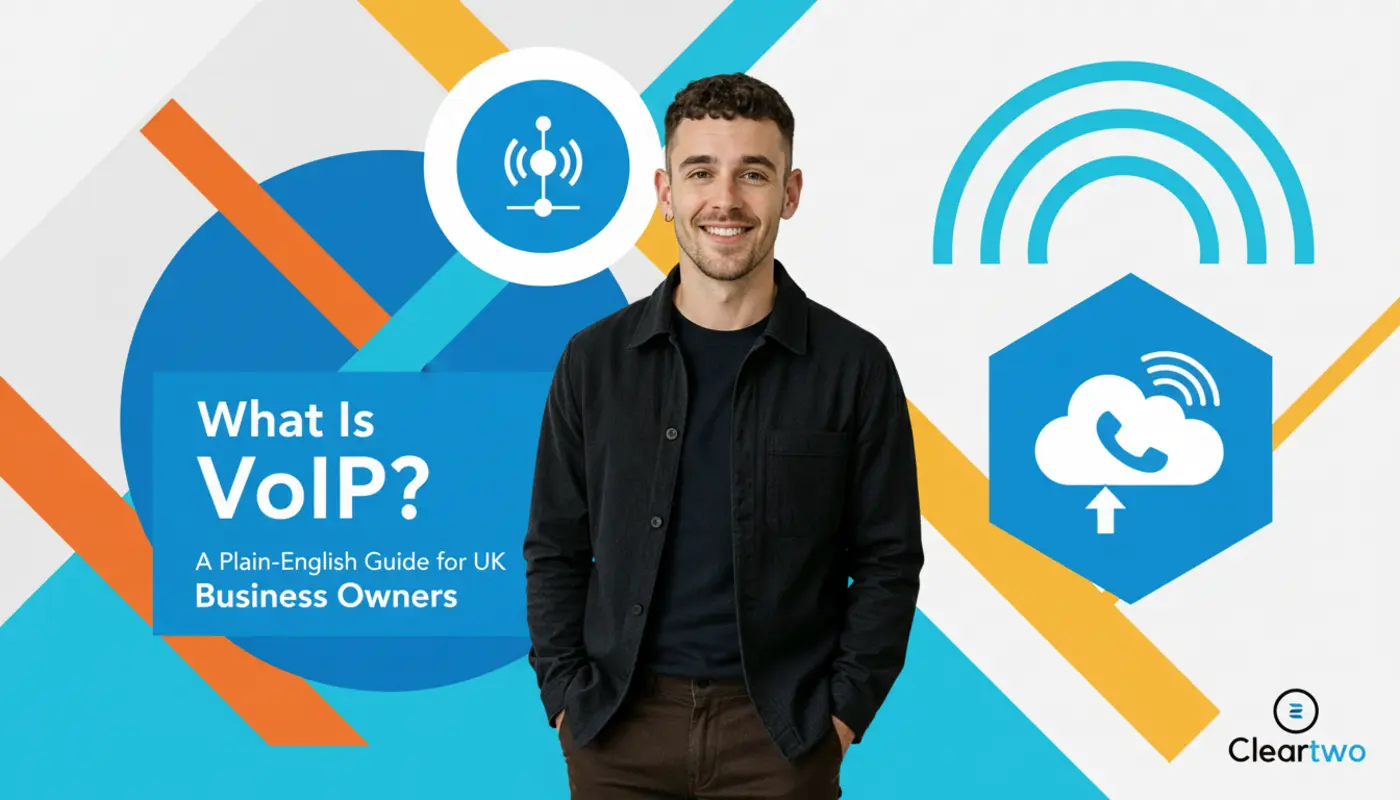 Photorealistic portrait of Adam against bold illustrated VoIP graphics for UK business owners.