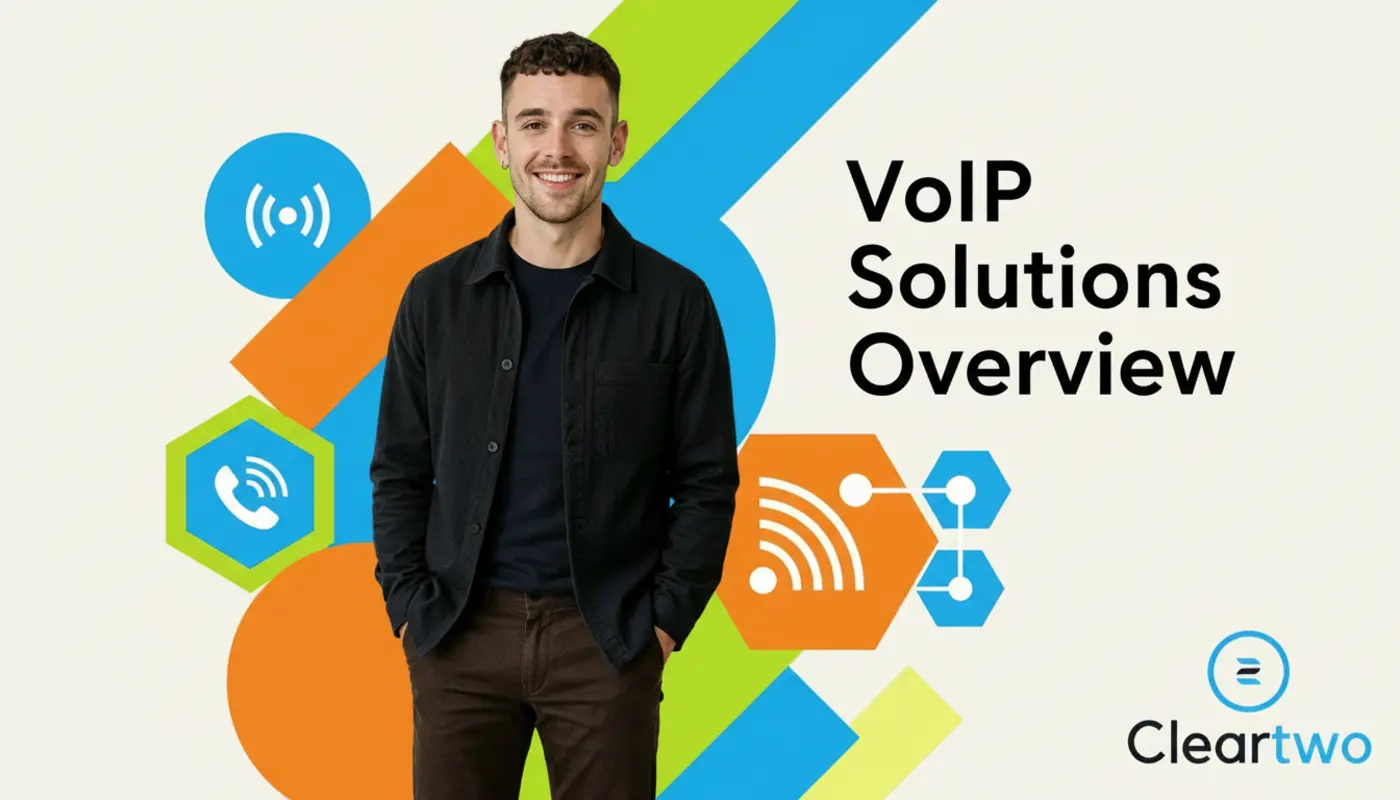 Business portrait of Adam against bright geometric VoIP‑themed graphics for a VoIP solutions overview.