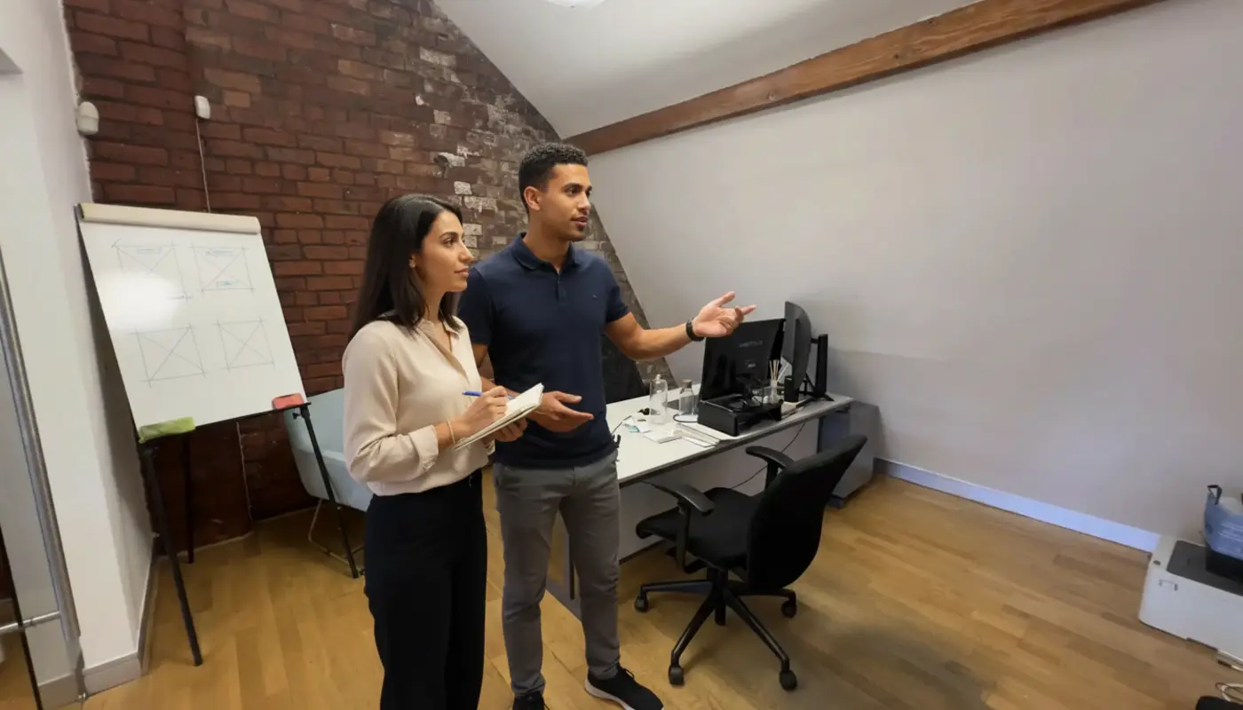 Zak and Sara discussing web design concepts in a UK office during an active work moment.