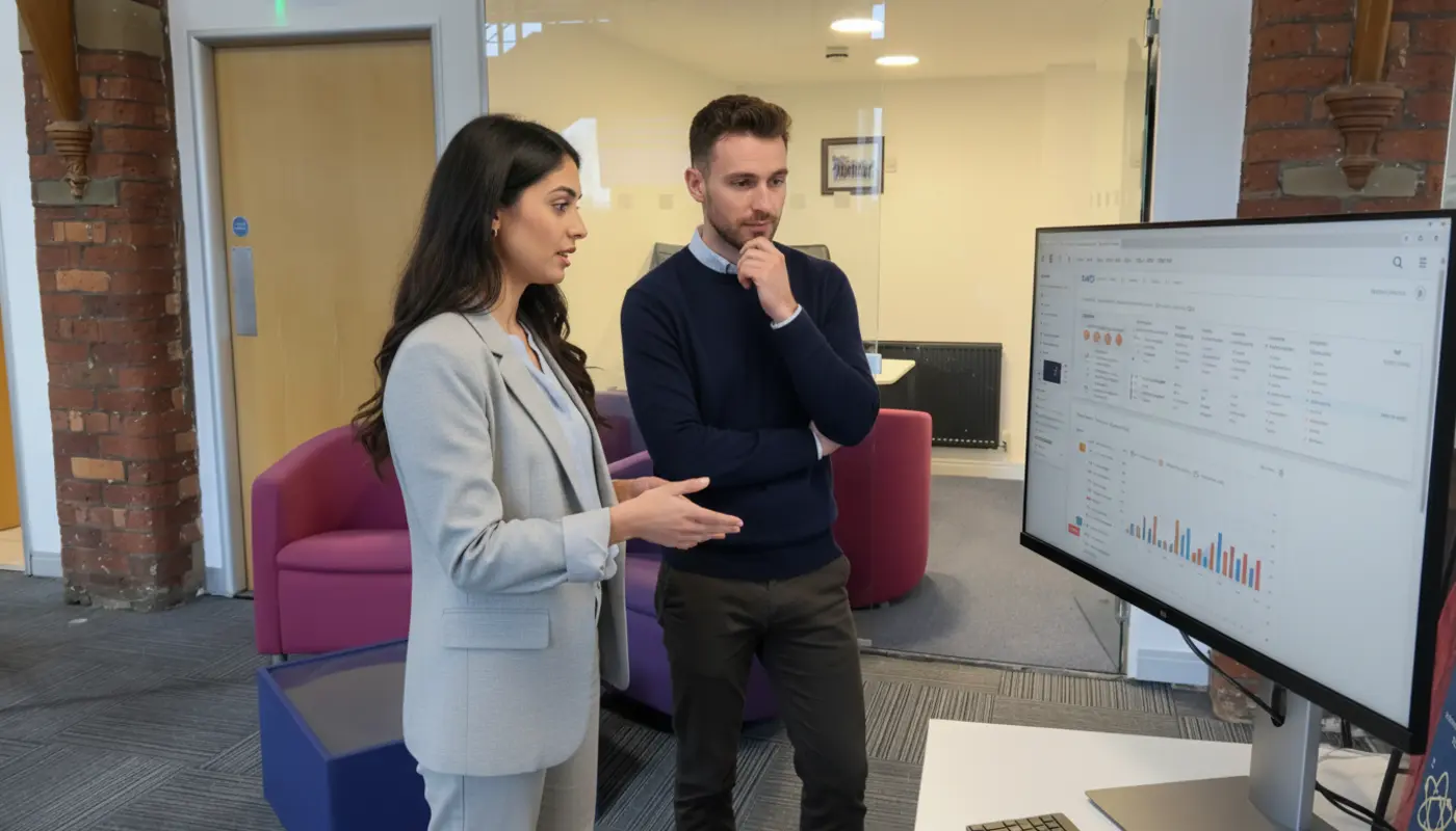 Sara and Adam discussing D2C ecommerce SEO inside a UK office.