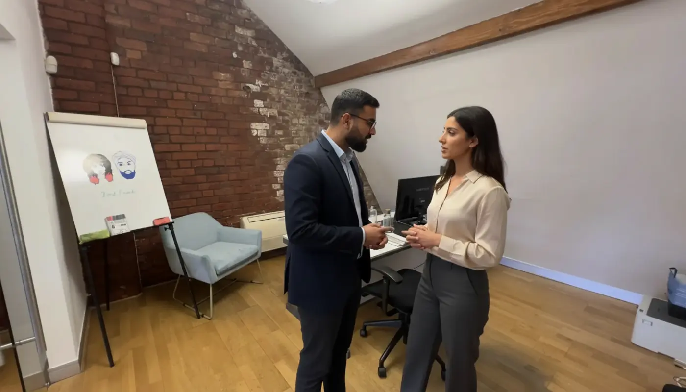 Omar and Sara discussing a workflow inside a UK office, captured mid‑collaboration.
