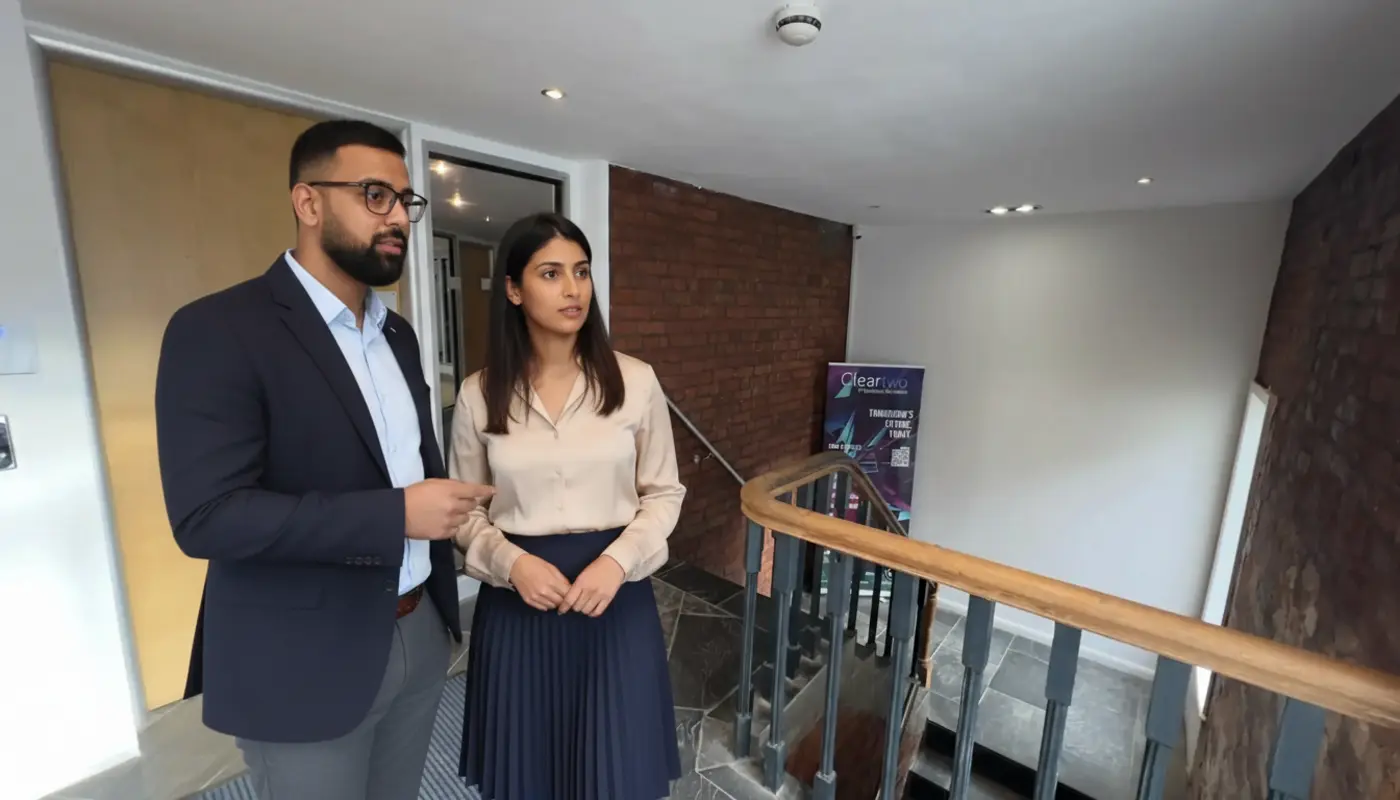 Omer and Sara discussing local SEO strategy inside a UK office environment.