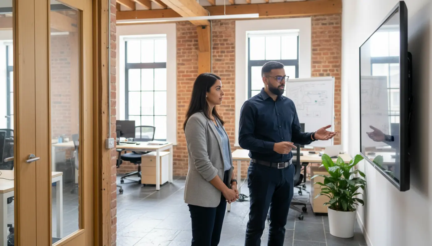 Omar and Sara discussing SEO strategy inside a UK office environment.