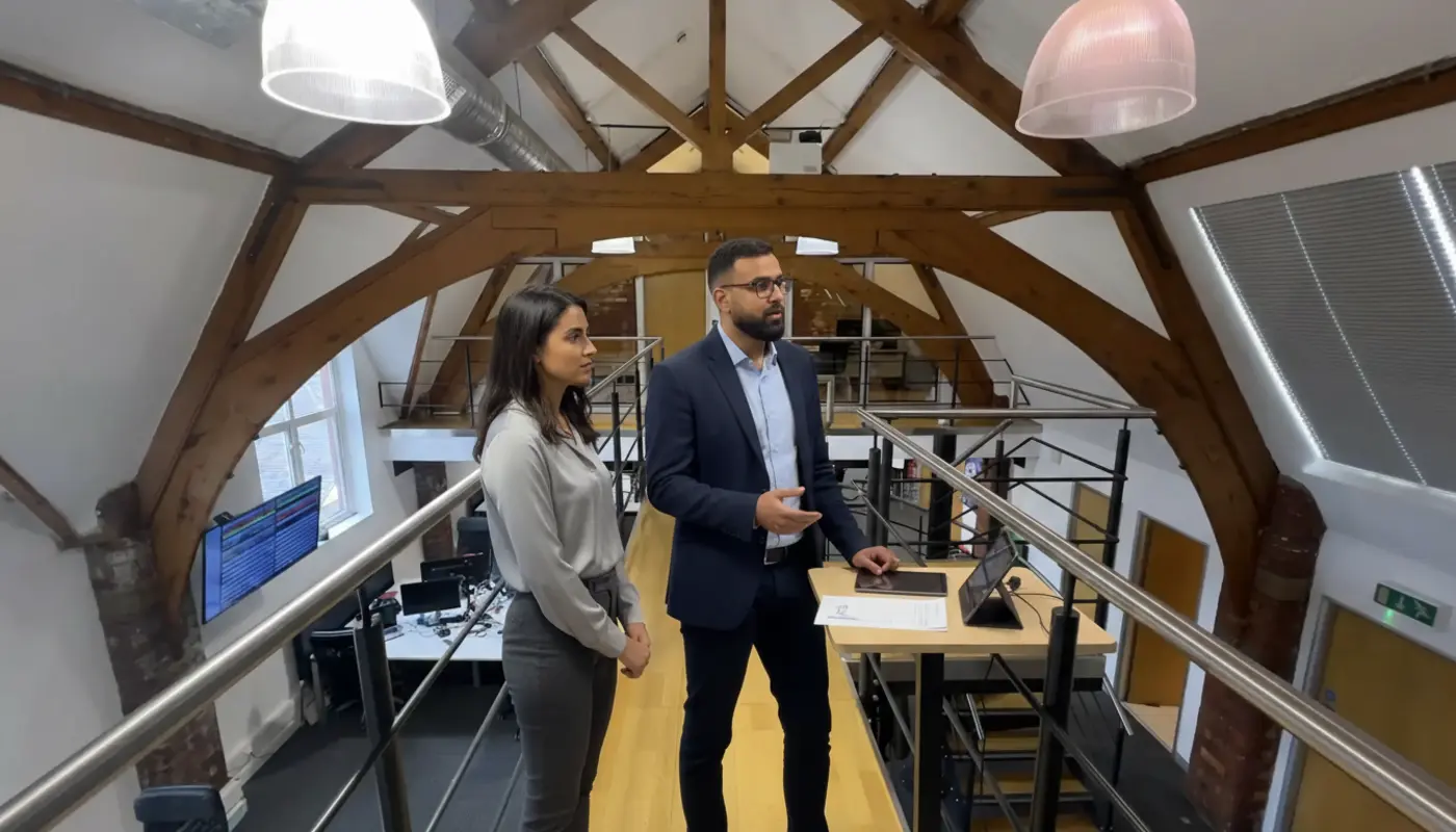 Omar and Sara discussing automation strategy inside a Manchester office, captured mid‑conversation.