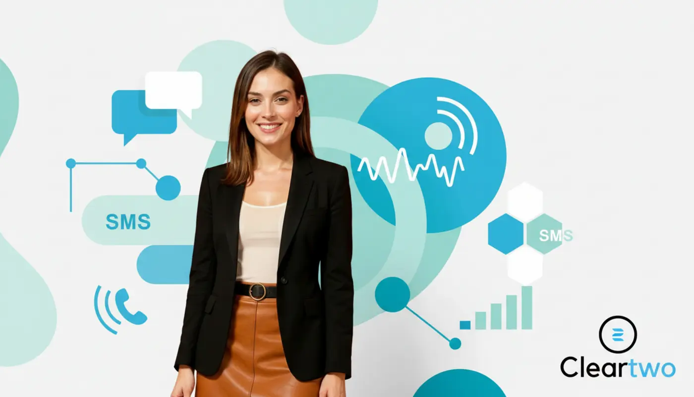 Jessica in a business‑casual portrait against a bold illustrated VoIP SMS themed background.