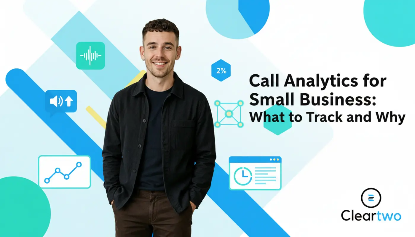 Photorealistic image of Adam in front of bright data‑themed geometric VoIP analytics graphics.