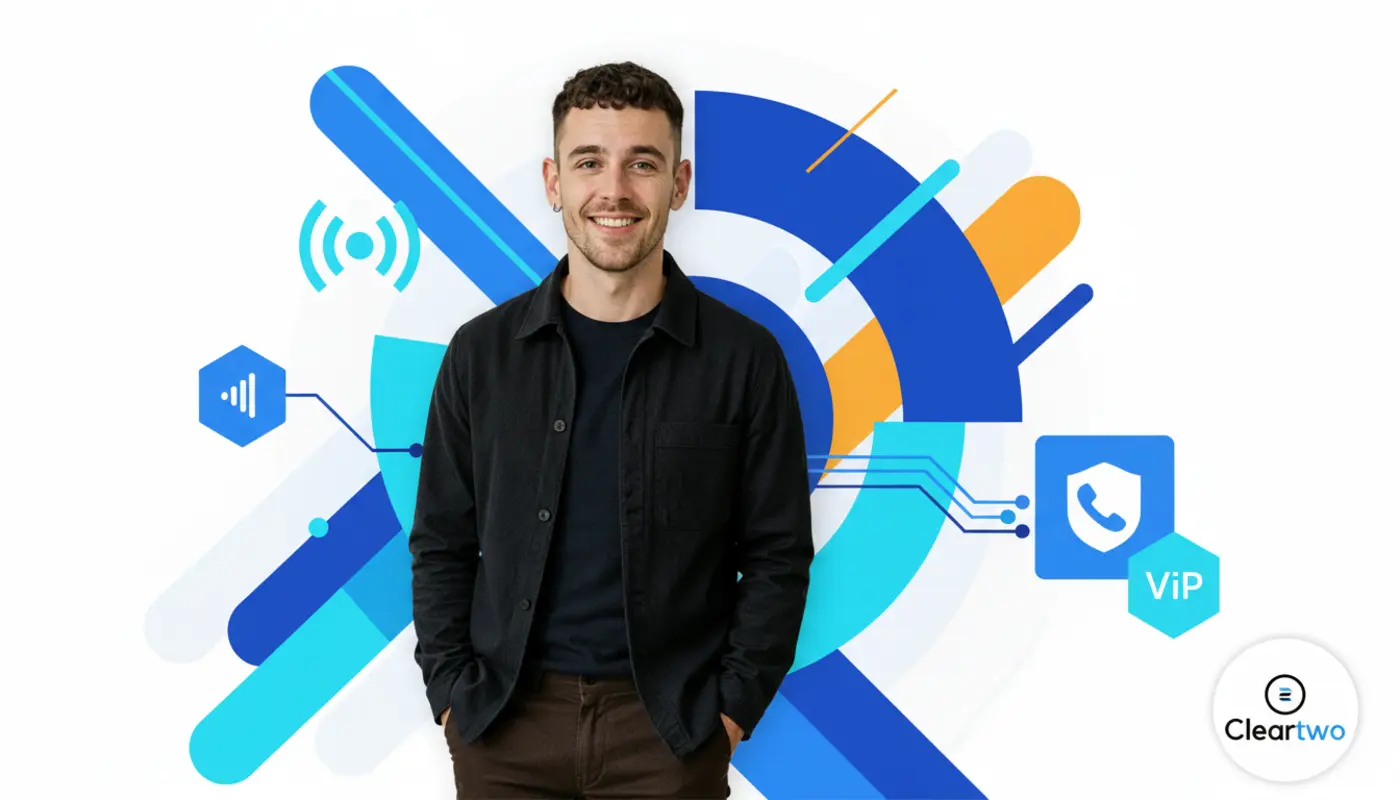 Adam stands before a bright geometric VoIP‑themed background representing forward telecom strategy.