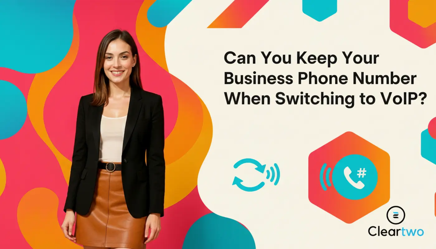 Jessica posed before bright geometric VoIP graphics representing business number porting.