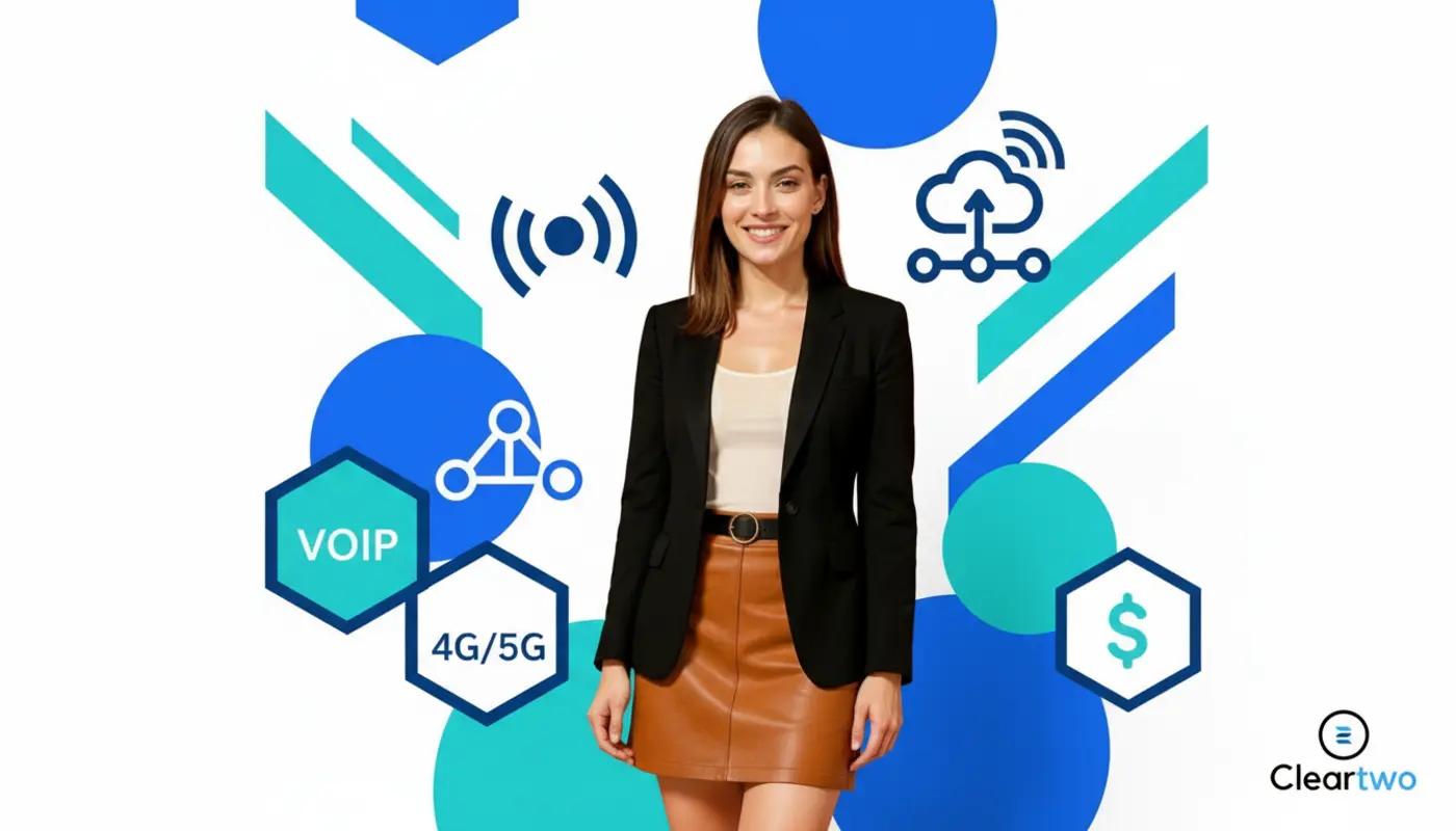 Jessica in a photorealistic business portrait against a bright VoIP‑themed geometric backup‑resilience background.