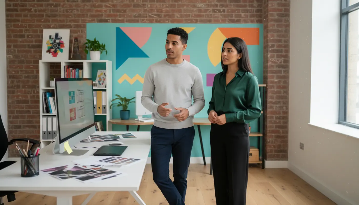 Zak and Sara discussing design work inside a UK creative studio.