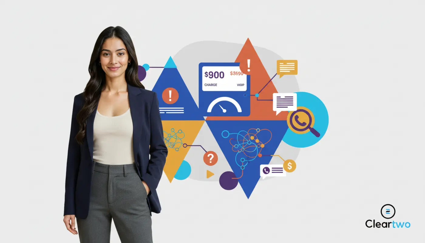 Sara posed confidently before a bright geometric VoIP graphic illustrating hidden business costs.