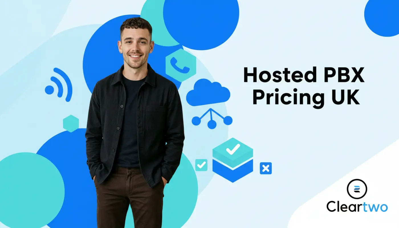 Photorealistic image of Adam in front of colourful geometric PBX‑themed graphics for a hosted PBX pricing article.