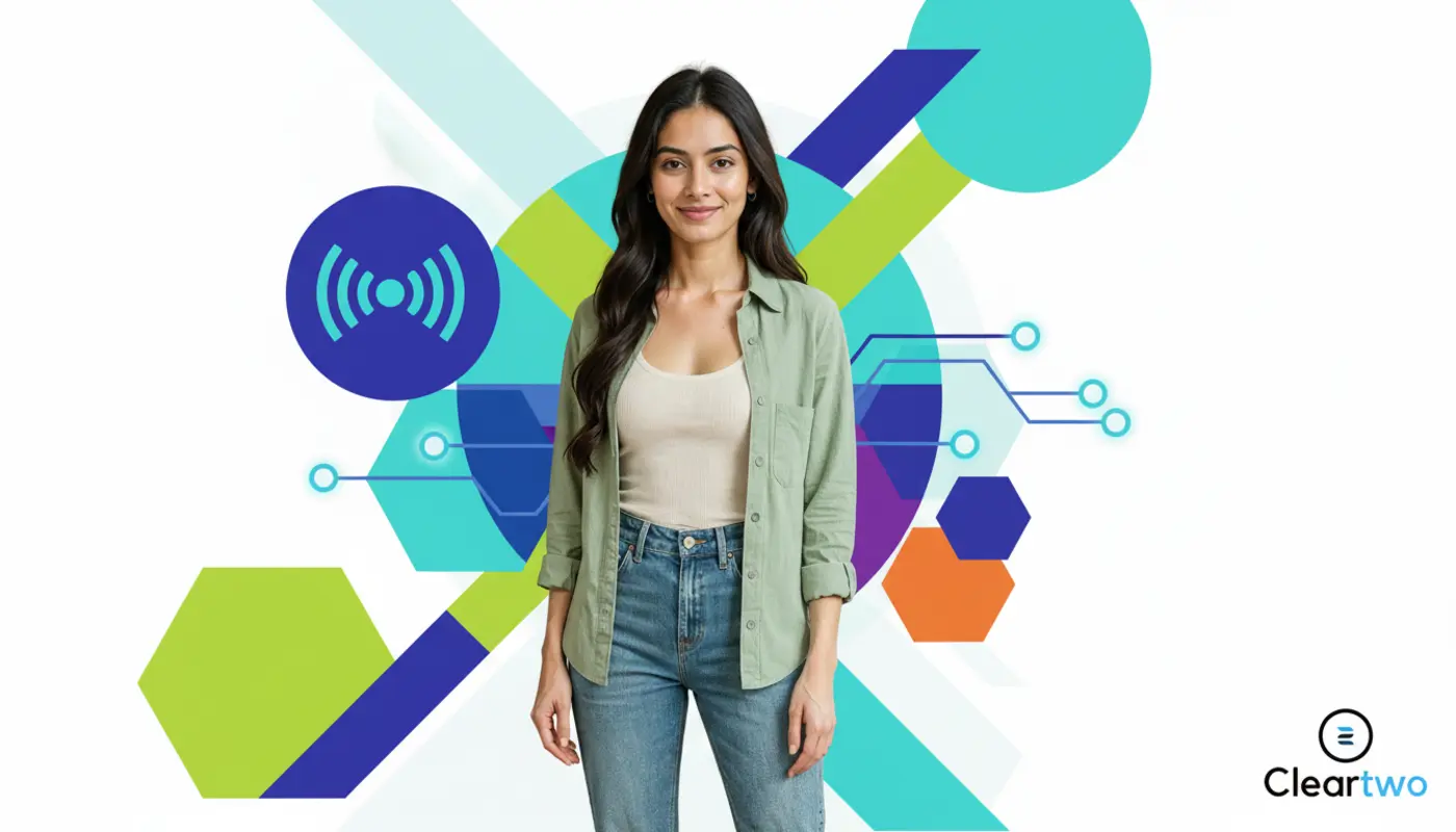Professional portrait of Sara against a bright geometric VoIP background for a telecom blog.