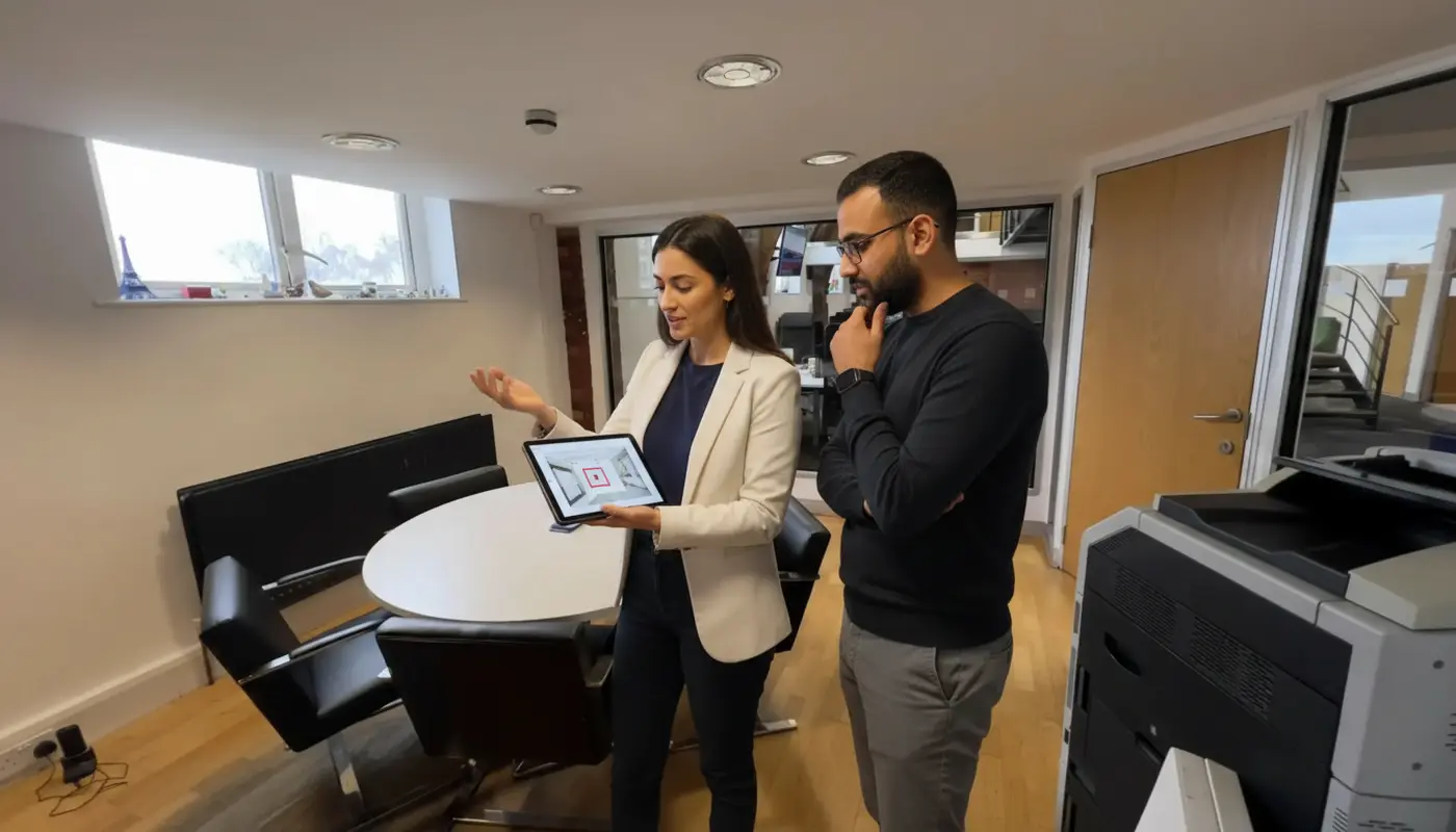 Sara and Omar discussing digital signage placement inside a UK office, mid‑conversation.