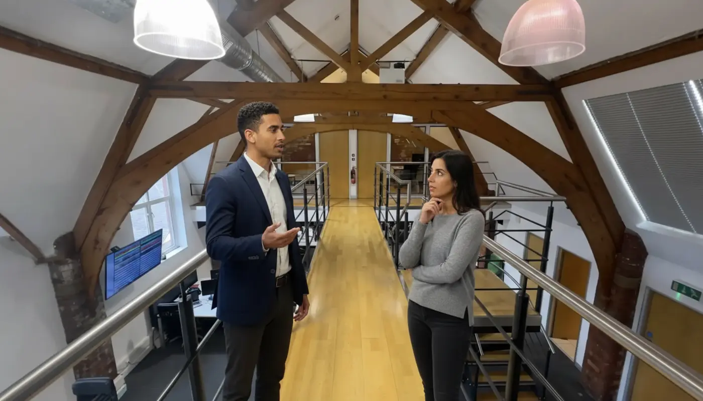 Zak and Sara discussing Shopify–Etsy integration inside a UK office environment.