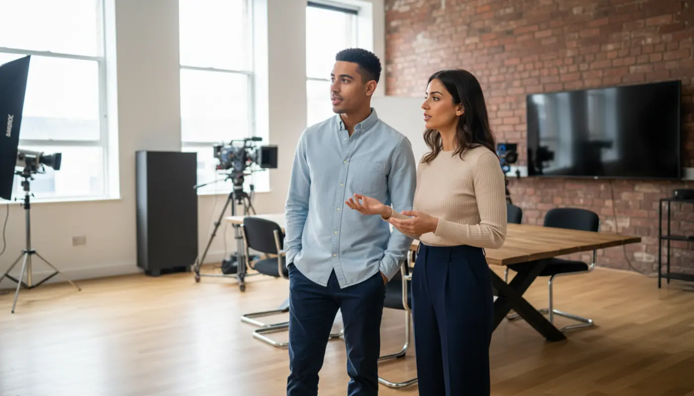 Zak and Sara collaborating in a UK creator studio discussing social media content.