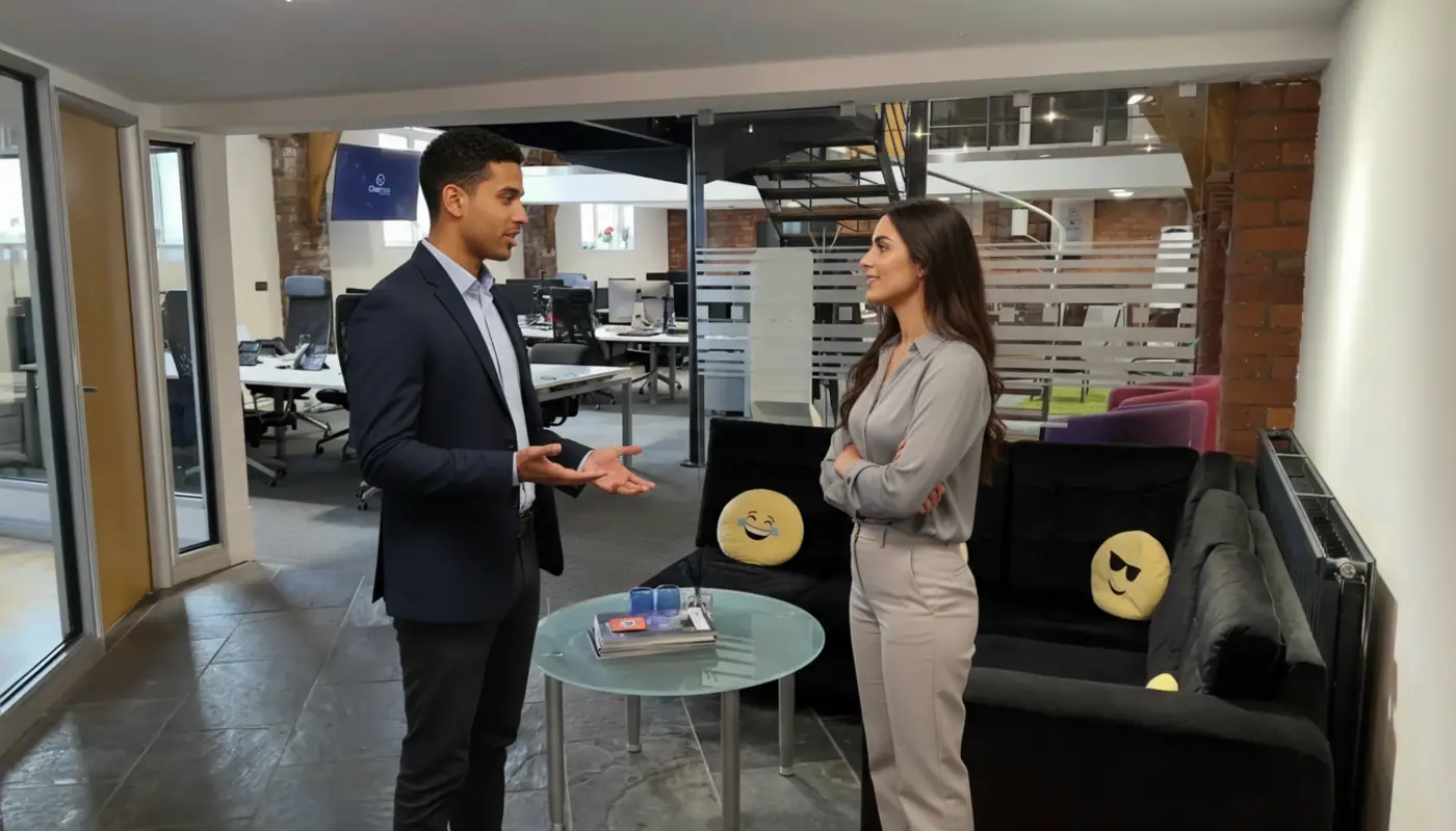 Zak and Sara discussing work inside a UK office in a natural collaborative moment.