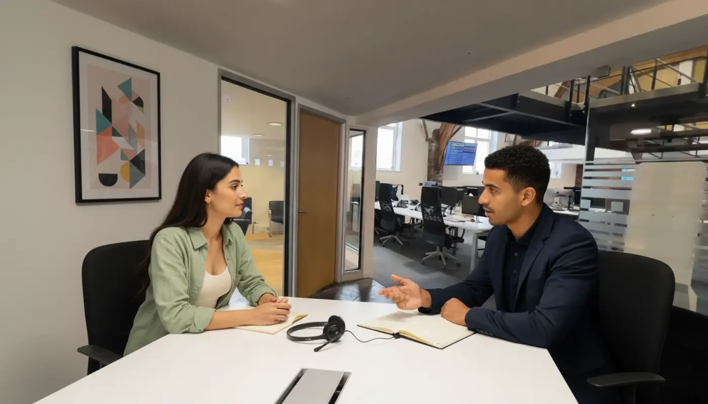 Zak and Sara discussing VoIP pricing at a modern office table with a headset visible.