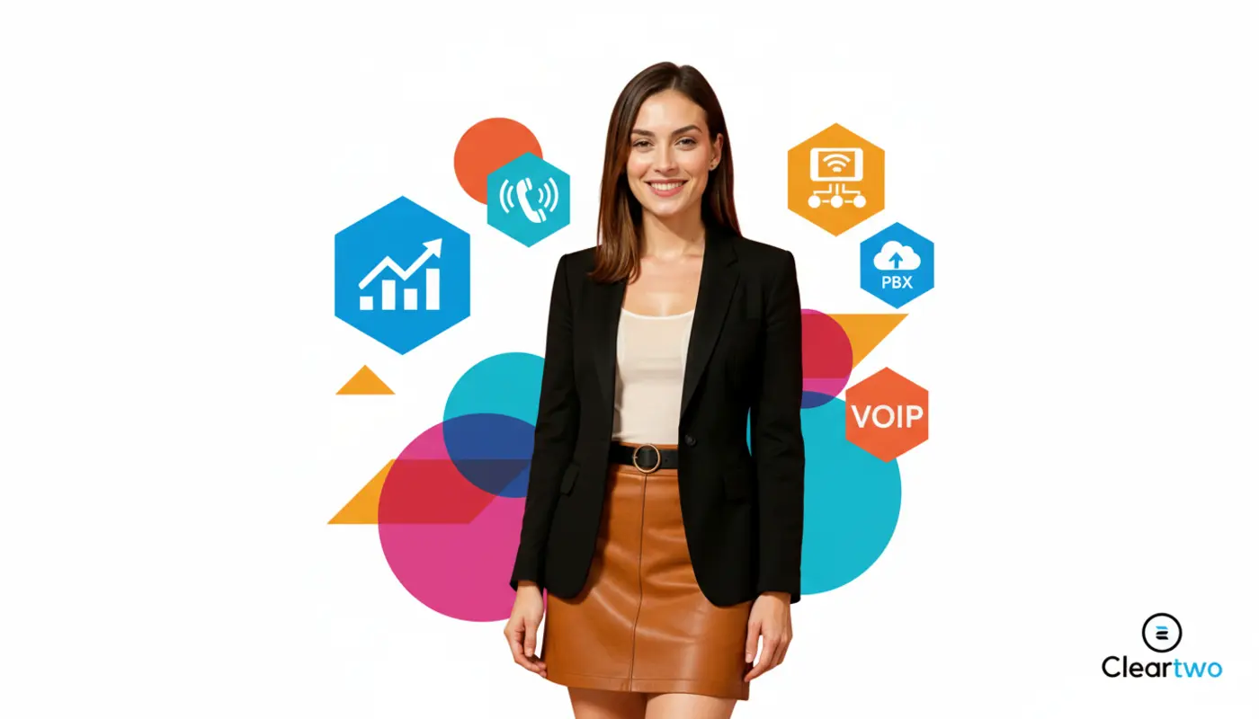 Professional portrait of Jessica on a bright geometric VoIP cost themed background.