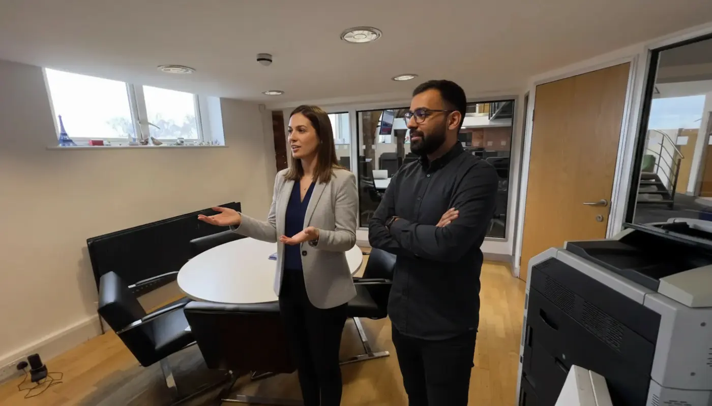 Jessica and Omar discussing digital marketing strategy inside a UK office.