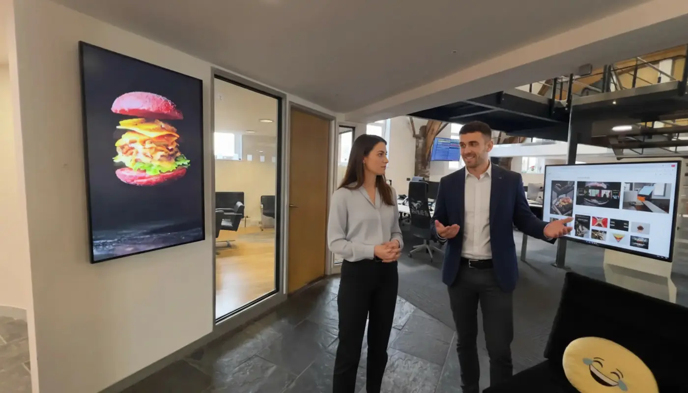 Adam and Jessica discussing graphic designer hiring inside a UK office, mid-conversation.