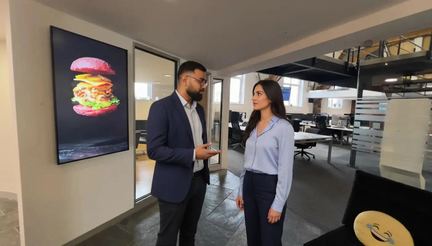 Omar and Sara discussing SEO strategy inside a UK office, mid‑conversation.