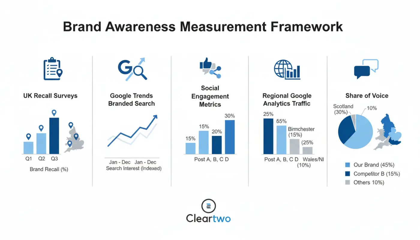 UK brand awareness dashboard showing search trends, survey results and social engagement charts