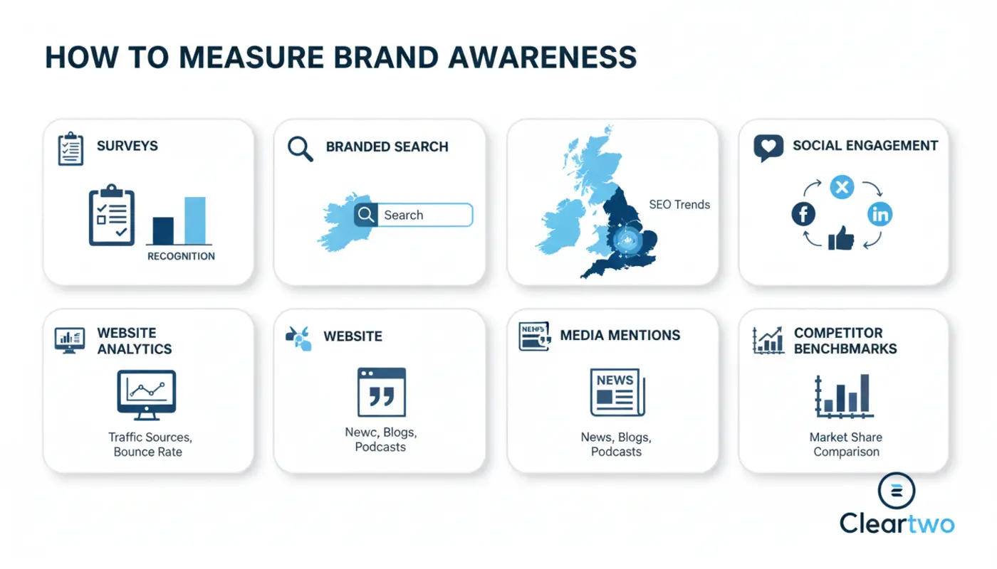 Infographic showing key methods to measure brand awareness with icons, charts and UK‑focused visuals.