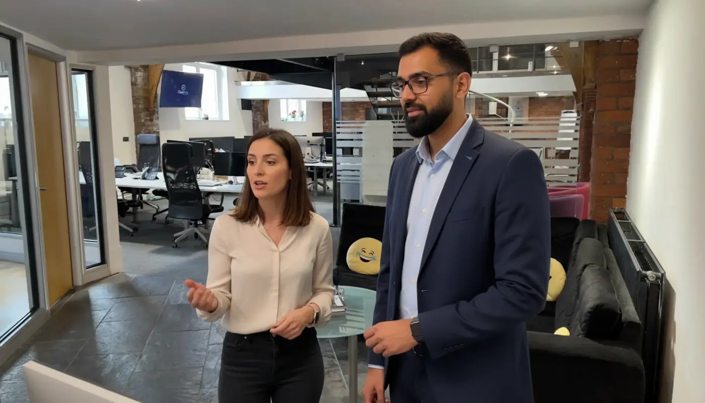 Jessica and Omar discussing PPC ROI in a realistic London office setting.