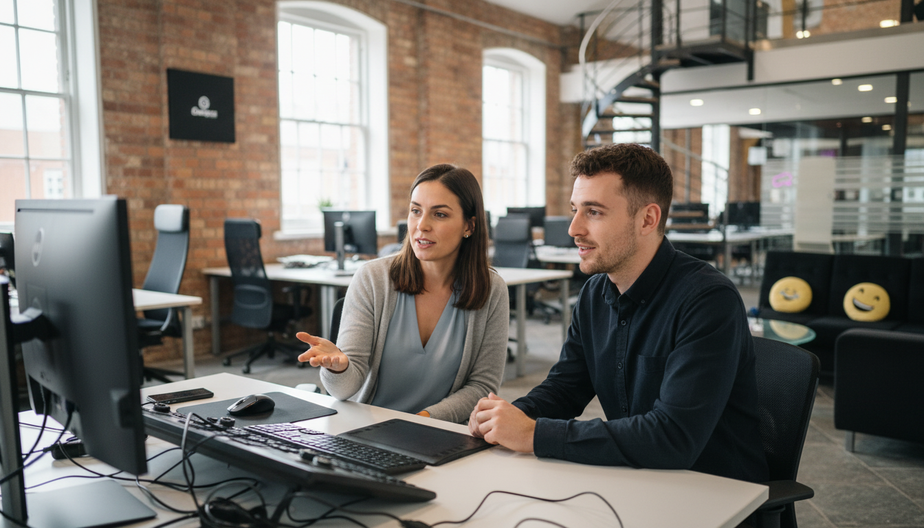 Jessica and Adam collaborating in a UK creator studio discussing Photoshop generative AI work.