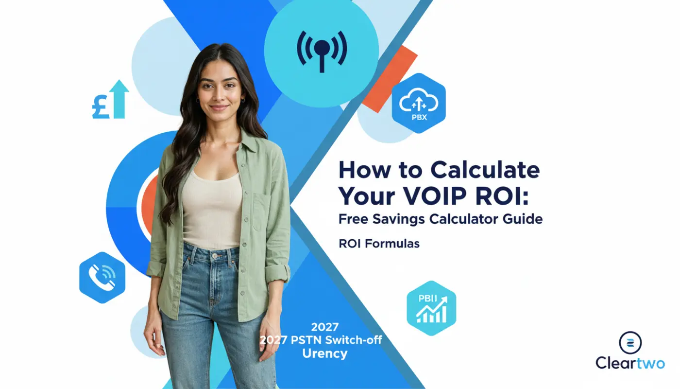 Sara posed confidently against bright geometric VoIP cost‑saving graphics for a VoIP ROI calculator guide.