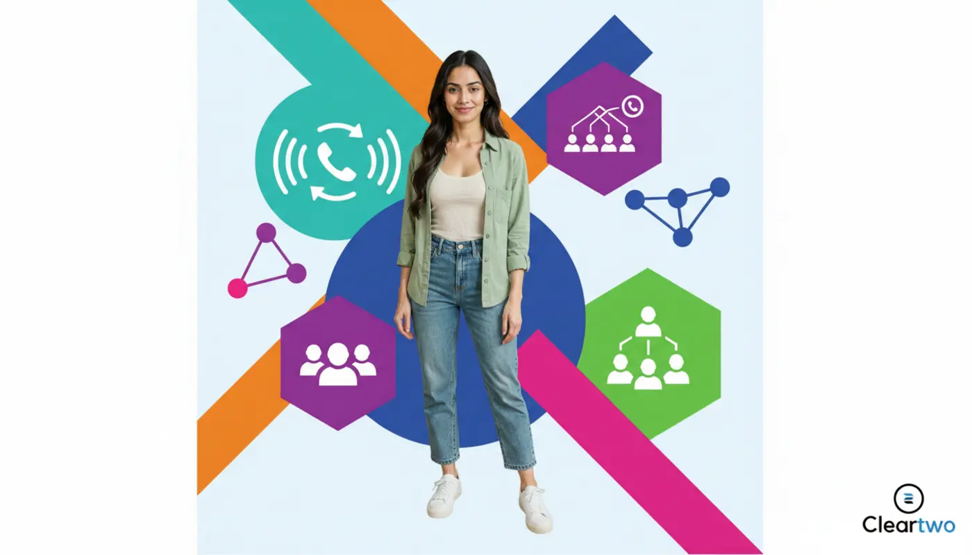 Sara stands confidently against a bright geometric telecom‑themed backdrop highlighting hunt groups and call queues.