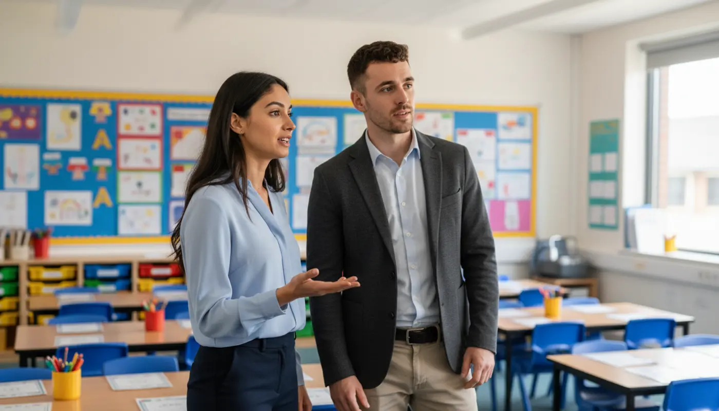 Sara and Adam collaborating during an IT support discussion inside a UK primary school classroom.