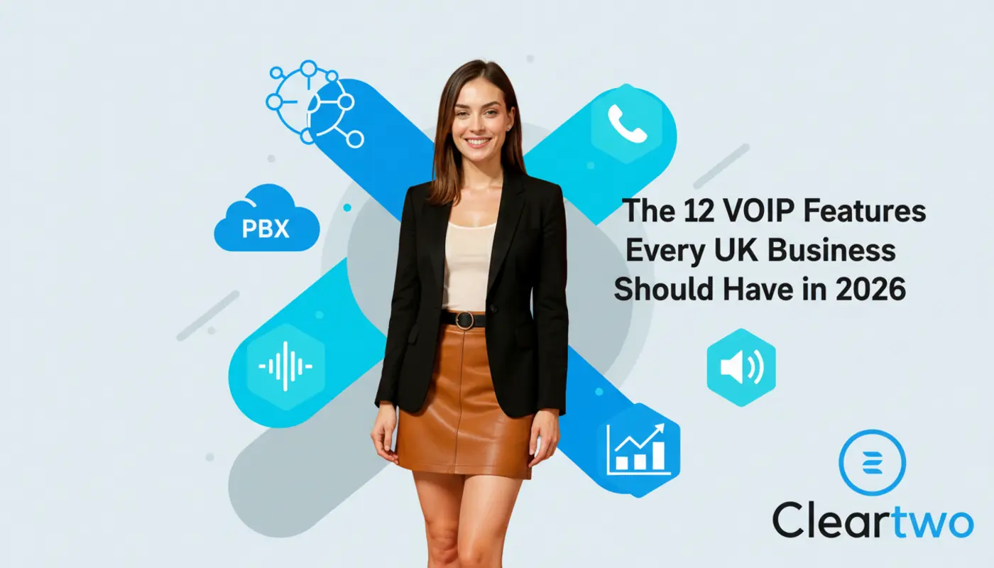 Jessica posed confidently in front of bright geometric VoIP‑themed graphics for a UK business blog.