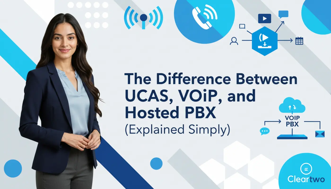 Professional portrait of Sara against bold geometric UCaaS and VoIP themed graphics for a telecom blog.