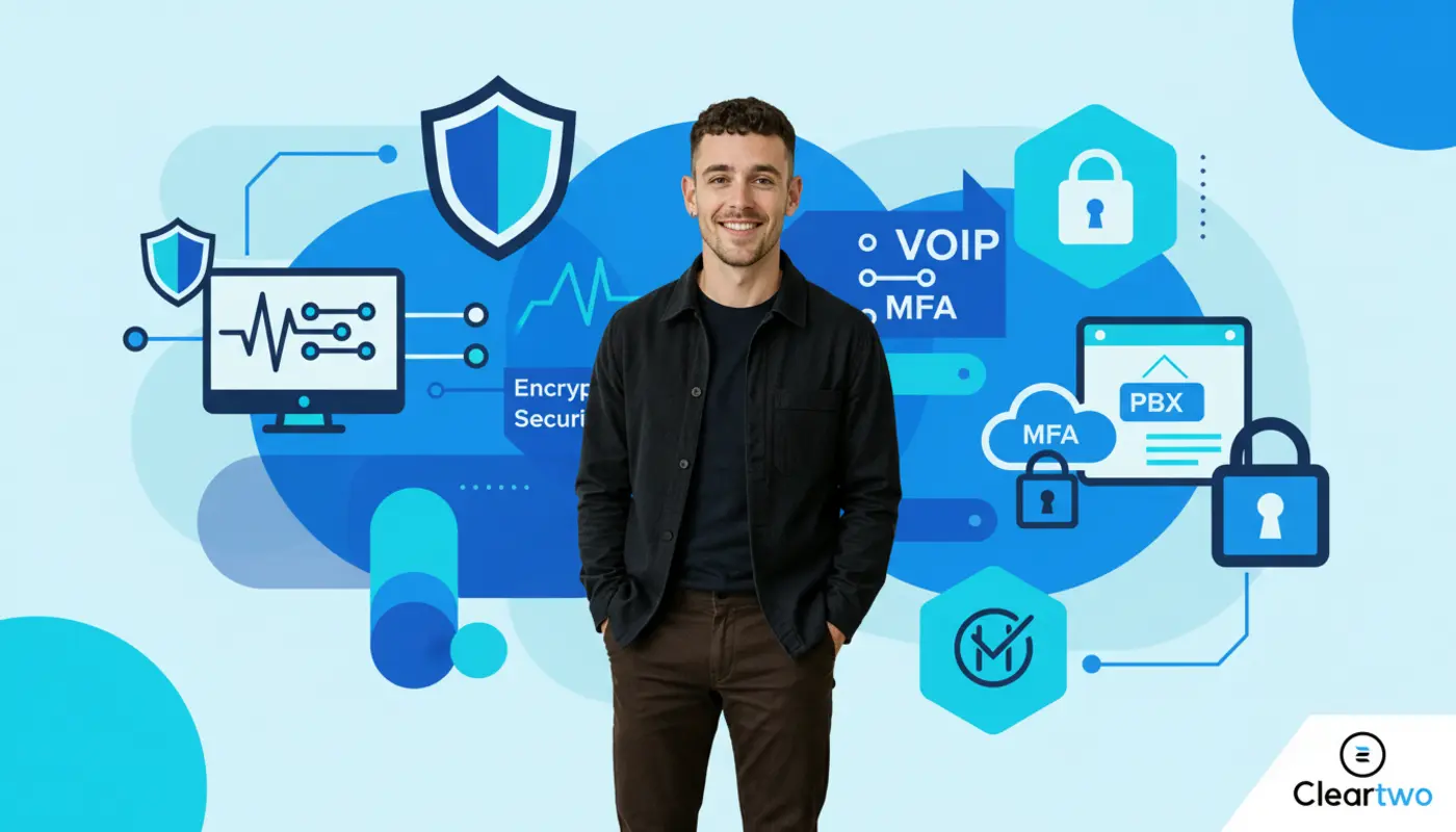 Adam posed confidently against a vibrant geometric VoIP security background with bold icons.