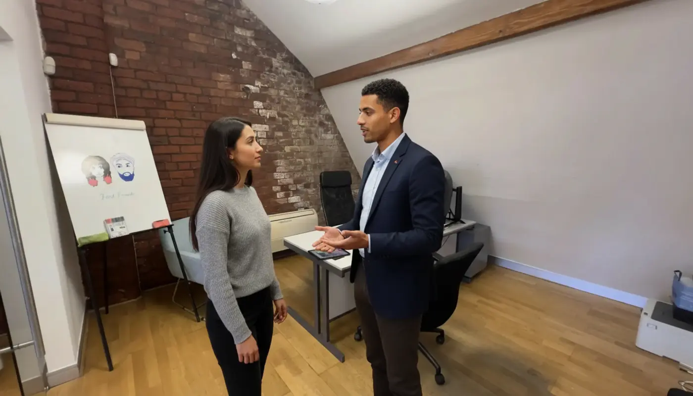 Zak and Sara discussing web development hiring in a Manchester office environment.