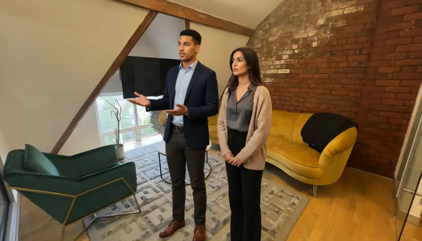 Zak and Sara discussing Shopify AI trends inside a UK office environment.