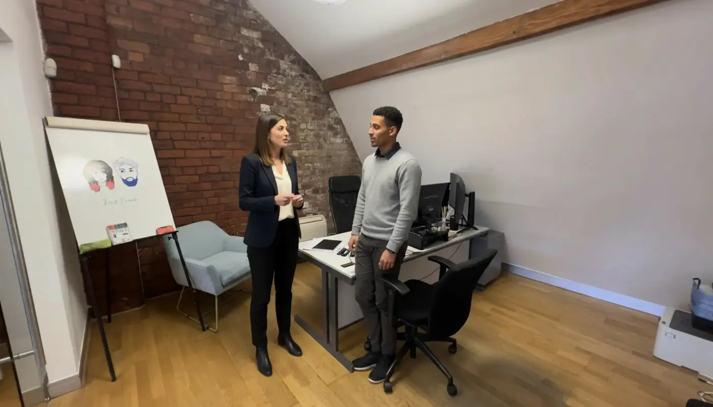 Jessica and Zak discussing AI tools in a UK office during a natural work moment.