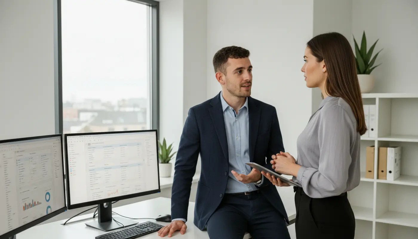 Adam and Jessica discussing CRM improvements inside a UK office.
