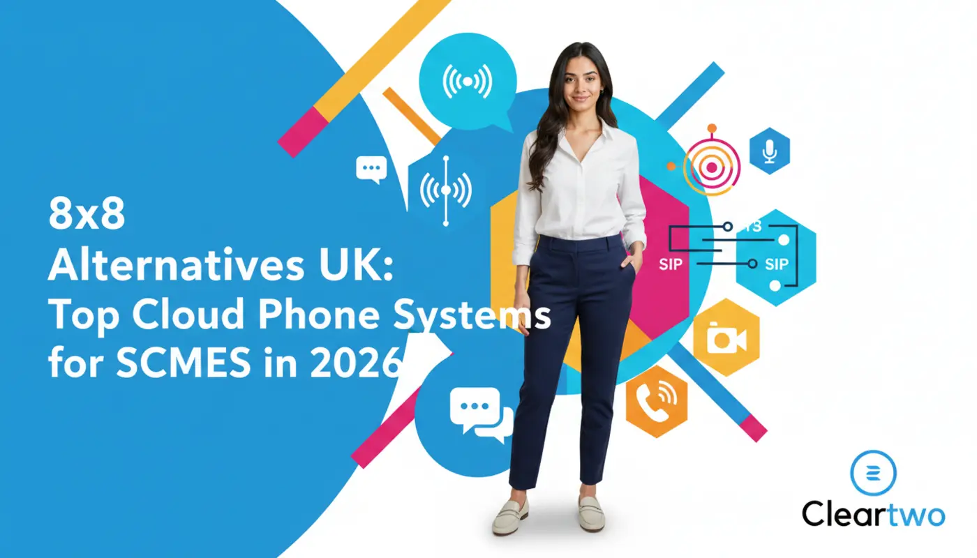 Sara in a bright geometric tech backdrop representing UK SMEs exploring 8x8 VoIP alternatives.