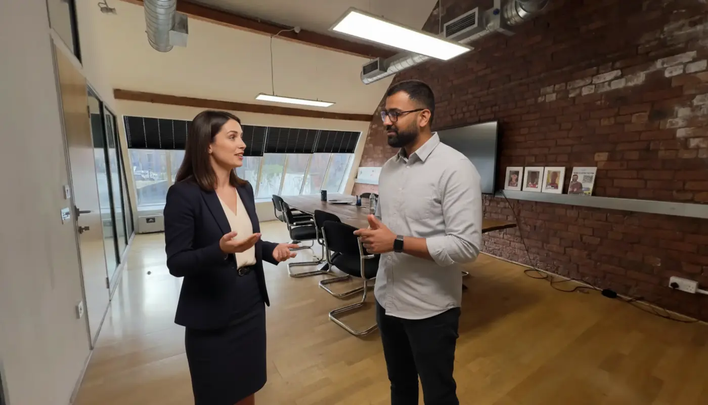 Jessica and Omar discussing AI workflow integration inside a UK office.