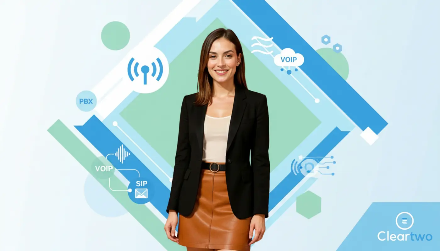 Jessica posed before a bright geometric VoIP‑themed backdrop symbolising modern cloud phone system alternatives.