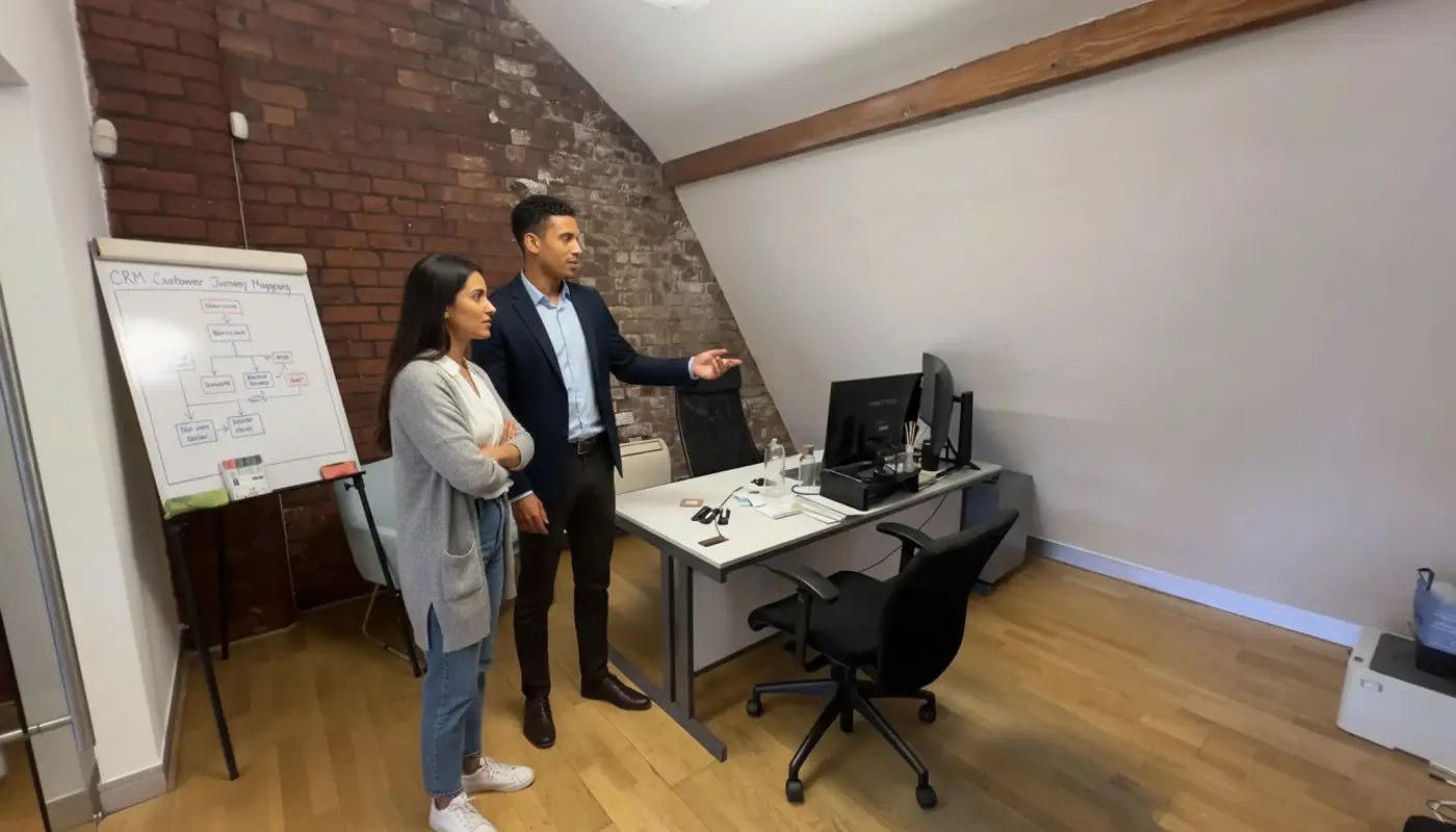Zak and Sara discussing CRM strategy inside a UK office environment.