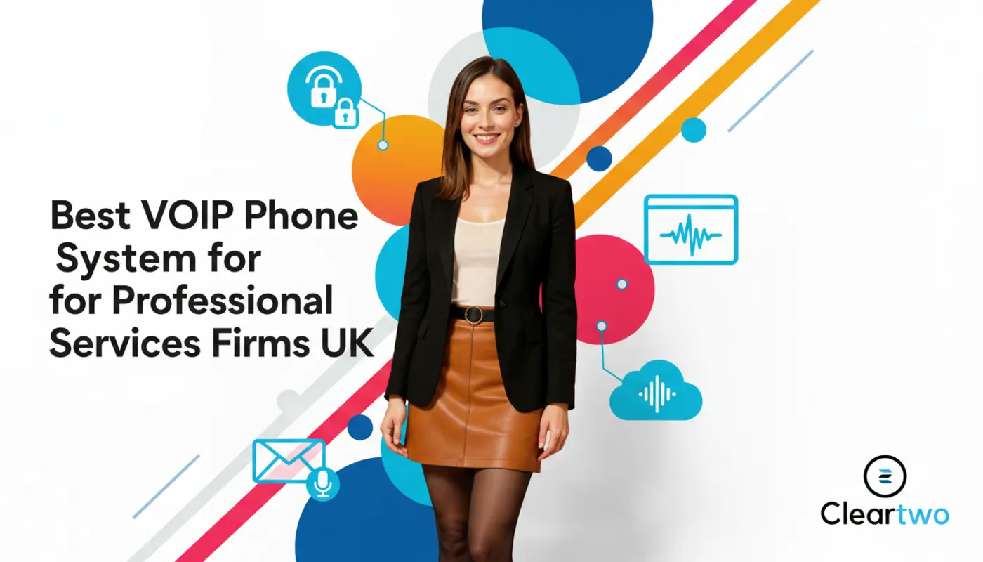 Business‑casual Jessica posed before bright VoIP‑themed geometric graphics representing reliable UK professional services telephony.