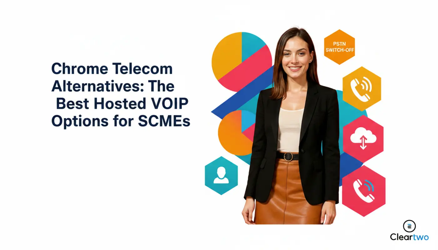 Jessica posed before a bold geometric VoIP themed backdrop representing modern hosted VoIP alternatives for SMEs.