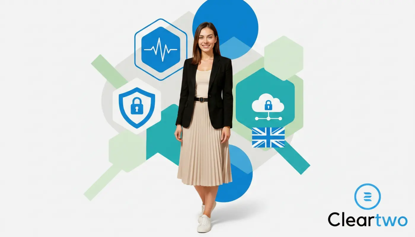 Jessica posed before bright geometric graphics symbolising GDPR‑compliant healthcare VoIP.
